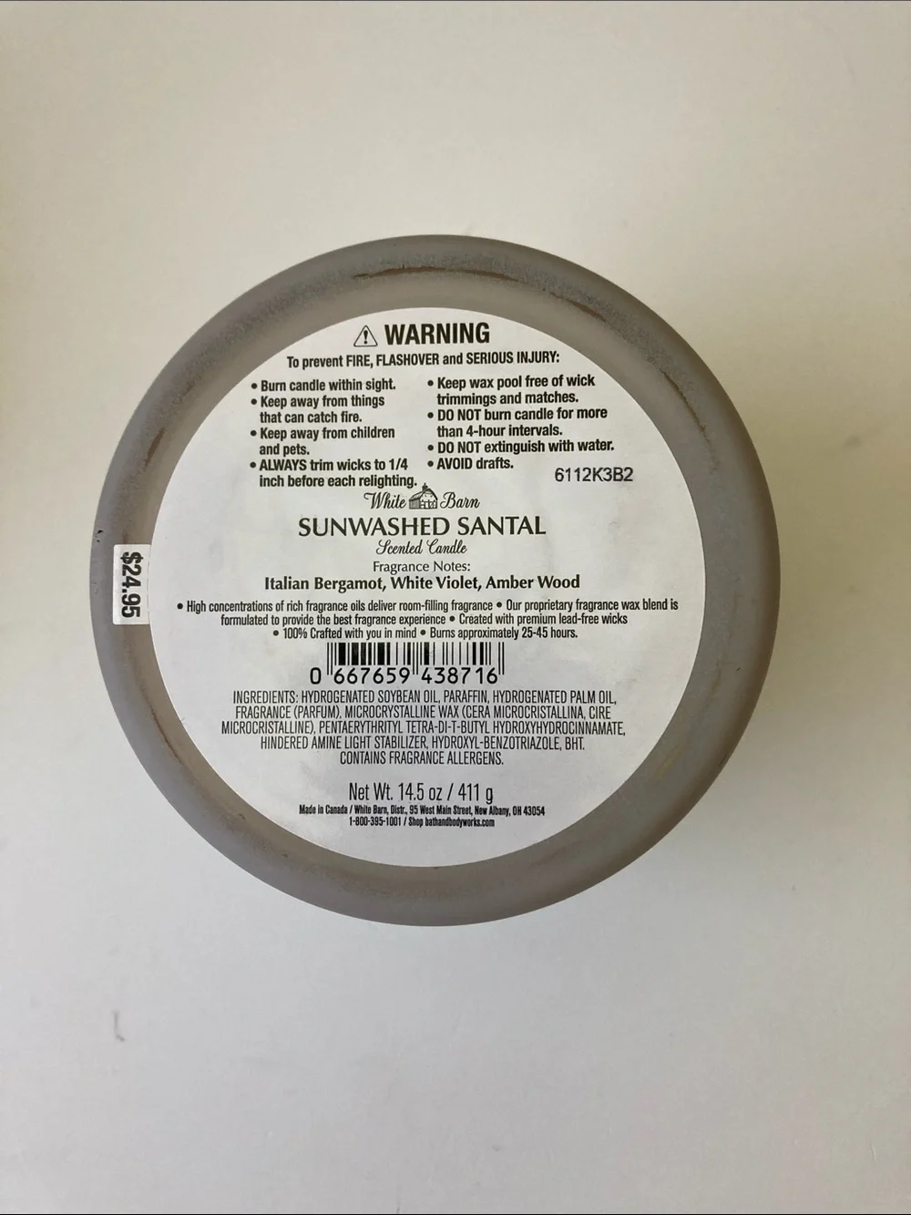 Sunwashed Santal Candle White Barn Bath & Body Works 3 Wick 14.5 oz